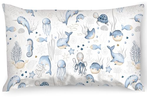 PinkZebra Kopfkissenbezug Kinder, Kissenbezug 30 x 45 cm aus 100% Baumwolle, Kissenhülle Jungen, Öko-tex Standard 100, Kinderbezüge mit Reißverschluss, Meerestiere