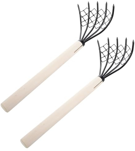 Râteau à Coquillages de Plage 2 Pièces en Fer et Bois, 5 Dents | Poignée Confortable, Usages Variés, Outil Manuel pour Huîtres et Coquilles, Lot de 2
