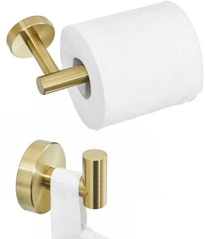 Leekayer Gebürstet Goldene Klopapierhalter,Handtücher Haken 2 Stück Badezimmer,Bad Accessoires,Wandmontage,Edelstahl,LK19500G2-1