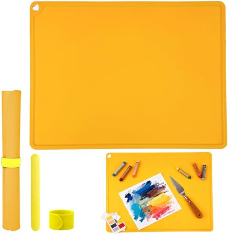 Weciau Silikon Malunterlage für Kinder, 60 x 40 cm Schreibtischunterlage Kinder mit Magnetischer Absorptionsclip, Bastelunterlage Groß mit Erhöhten Kanten, für Basteln Malen Platzset Tischmatte(Gelb)