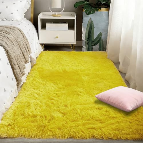 WRUIJIO Moderner Hochflor Teppich 80 x 160 cm Anti Rutsch Extra Schlafzimmer Fellteppich Zeitlos Stilvoll rutschfest Pflegeleicht Fürs Flur,Küche, Wohnzimmer, Schlafzimmer, Gelb