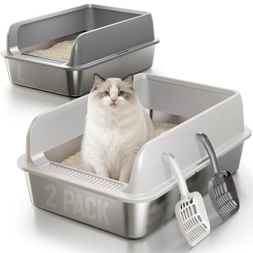 Fusblom 2 Pack Stainless Steel Cat Litter Tray with Scoops, High Sided Metal Cat Litter Box for Large Cats & Multi-Cat Families, Non-Sticky, Easy Cleaning - Dark Grey & Light Grey, L