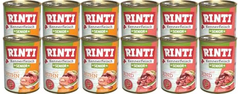 RINTI-Kennerfleisch Senior Mixpaket 12 x 400g | Nassfutter für ältere Hunde | je 6X Huhn & Rind | getreidefrei, 66% Fleisch, mit Omega 3 & Rübenfaser, ohne Konservierungsstoffe