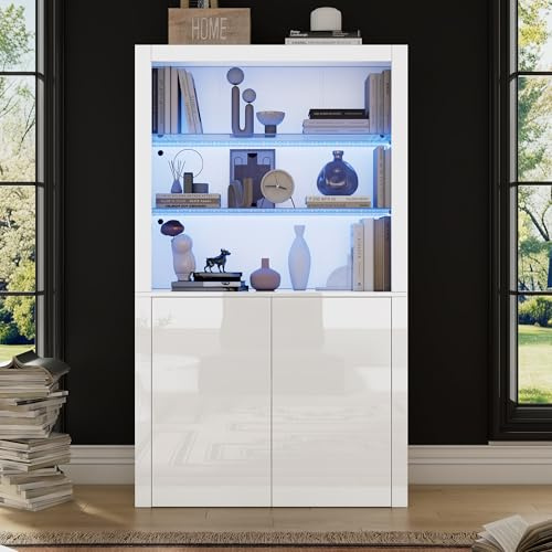 BTM 100x35x170cm Sofa-Sideboard, Hochglanz-Aufbewahrungsschrank, Vitrinenschränke mit LED-Leuchten, Displayschicht aus gehärtetem Glas, Vertikaler Hochschrank fürs Wohnzimmer