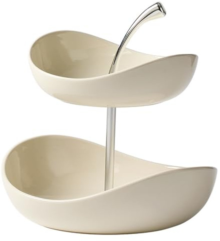 Frutero de Cerámica, Frutero de Dos Niveles, Elegante Cesta de Cerámica con Desmontables para No Mezclar Sabores, Plato Blanco para Servir con Diseño de Cereza