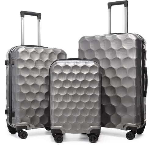 Aklsvion 3-teiliges Hartschalen-Koffer-Set mit doppelten Spinner-Rädern und integriertem Passwort-Schloss (Grau)