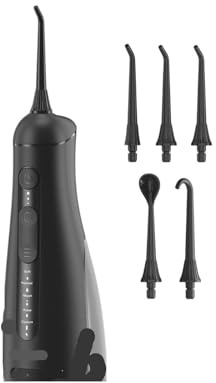 Irrigador portátil con 5 puntas de chorro, modos limpieza 3 presiones agua, hilo dental impermeable IPX7 tanque 300 ml(Black Set 2)