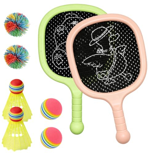 Kids' Racket Set Outdoor Badminton Lightweight Badminton Tennis Racket Set | 2 Rackets 2 Soft Balls 2 Shuttlecocks 2 Rainbow Rubber Balls – Promotes Athletic Skills Family Game Indoor Outdoor