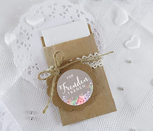 Freuden Tränen Taschentücher Set zur Hochzeit 48 Sticker + 48 braune Flachbeutel - Kraftpapier - 63 x 93 mm für Freudentränen Taschentuch Verpackungen Aufkleber mit bunten Blumen