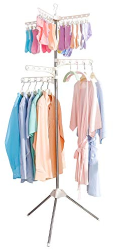 BAOYOUNI Sechoir à Linge Étendoir Pliable en Métal Trépied Etendoir à Linge Rabattable avecà 3 Bras et 24 Clips Peu Encombrant Facile à Installer, pour Intérieur et Extérieur, Ivoire