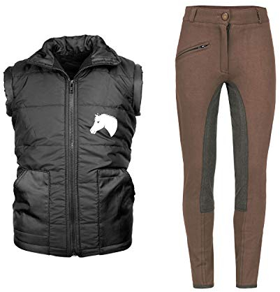 MS-Trachten Reitset Kinder Reitweste Mia schwarz gesteppt Fleecefutter mit brauner Reithose (158/164)