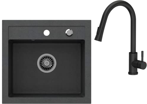 VBChome Évier avec robinet 50 x 47 cm Noir Granit Évier cuvette unique cuisine Évier encastrable Évier composite Évier de cuisine marbré Évier Siphon Robinet