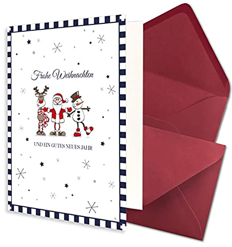 NEUSER PAPIER 50x Weihnachtskarten-Set DIN A6 in Weiß mit Weihnachtsfiguren und Text - Faltkarten mit Umschlägen DIN C6 Dunkelrot (Rot) mit Nassklebung - Weihnachtsgrüße für Firmen und Privat