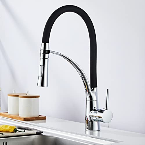 Achelous Wasserhahn Küche Schwarz, Küchenarmatur mit 360° Drehbar Schwarzer Silikon Weichschlauch, 2 Strahlarten, Mischbatterie Moderner