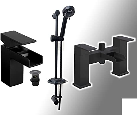 Trade In Post Waterfall Basin & Bath Shower Mixer Bathroom Tap Set Slide Rail Kit Matt Black