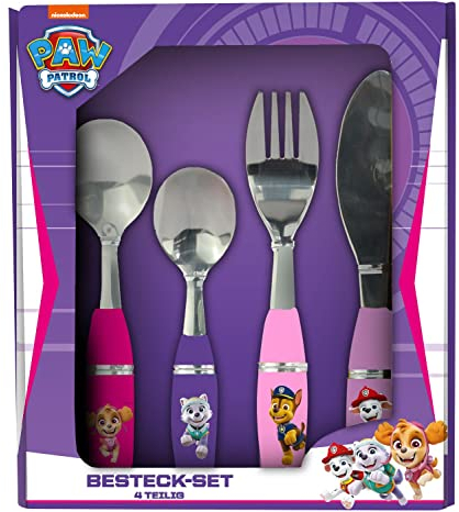 Paw Patrol p:os 33792 - set di posate per ragazze, bambini in 4 pezzi acciaio inossidabile con manici plastica, coltello, forchetta, cucchiaio da minestra e dessert