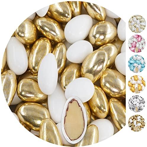 EinsSein 1kg Hochzeitsmandeln Conchiglia weiss-gold glanz | ca. 250 Premium Zuckermandeln für Hochzeit, Taufe & Gastgeschenke | Bonboniere Confetti Badem Sekeri Candy Bar Taufmandeln Süssigkeiten