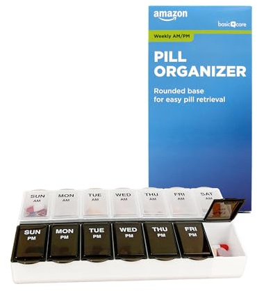 Amazon Basic Care 7-Day AM/PM Pill Organizer, Vitamin Case and Medicine Box with Large Compartments, 2 Times a Day, Black and Clear Lids