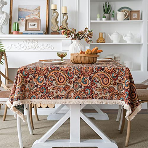 Nyescasa Bohemien Tischdecke Boho Vintage Tischwäsche Leinen Tischtuch Garten Tischdecke mit Quaste Rechteckige Tafeltuch Abwischbar Fleckschutz für Feste Party Picknick Haushalt 140x140cm