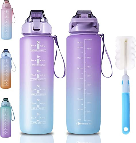 Labstandard 2L Trinkflasche mit Strohhalm Sport BPA Frei Kinder Wasserflasche mit Zeitmarkierung Kunststoff Mattierte Auslaufsichere Gradientenfarbe Große Kapazität Sportflasche (Violett)