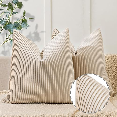 YCOLL 2er Set Beige Kissenbezug 40x40 Samt Streifenmuster Kissenhülle weiche Kissenbezüge Moderne Zierkissenbezug Sofakissen für die Inneneinrichtung luxuriöse dekorative Dekokissen für Sofa, Bett