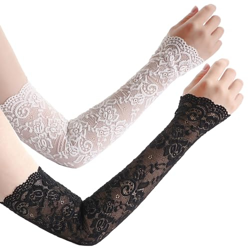 2Paires, Respirant Manchettes de Bras, Soleil Bras Manches en Dentelle Anti-UV Protection, Adultes Tatouages Couvrants, Gants Chauffe-bras Sans Doigts pour Cyclisme Refroidissement Sport, Noir/Blanc