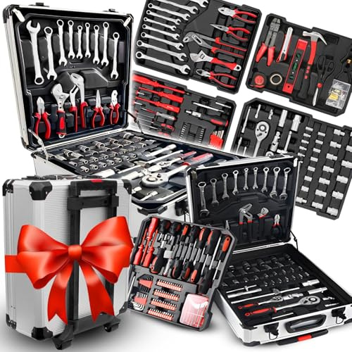 Retoo 187-tlg Werkzeugkoffer in Stahlkoffer, Werkzeugset, Stahl, Maul Ringschlüssel Satz, Ringmaulschlüssel, Ratschenschlüssel, Werkzeugkasten, Auto Haushalt Toolbox