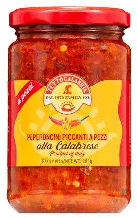 Tutto Calabria - Chiles Picantes en Trozos 285g, Fresco Muy Picante Calabrés - Deleita tu paladar con un Toque de Calabria Adicional