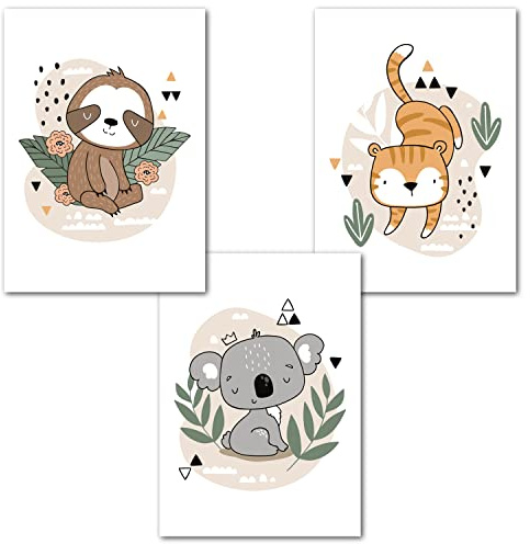 Ninky® Bilder Kinderzimmer | 3er Set Bilder DIN A4 | Wandbilder Babyzimmer Deko | Safari Tiere Dschungel Poster Wandposter Deko Babyzimmer (Set 2 - Faultier Koala Tiger)