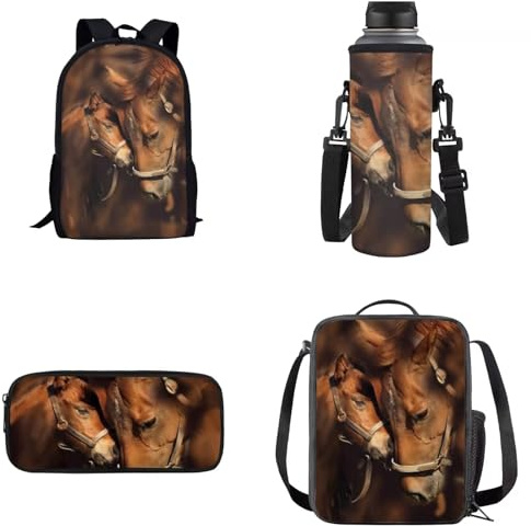 UOIMAG Schultaschen-Sets für Jungen und Mädchen, Rucksack mit Lunchtasche, Federmäppchen, Wasserflaschenhalter, Kindertaschen, Pferde braun, Einheitsgröße, Schulranzen-Set