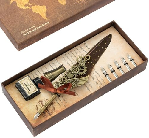 LICHENGTAI Schreibfeder Set, Kalligraphie Feder und Tinte Set, Schreibfeder mit 5 Ersatzspitzen und Tintenfass, Vintage Calligraphy Set für Geschenk