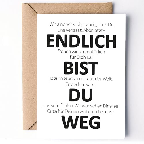 KAMEWI® Grußkarte ENDLICH BIST DU WEG | Klappkarte mit Briefumschlag aus Kraftpapier | Lustiges Geschenk Jobwechsel Ruhestand Arbeitskollegen