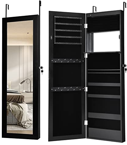 GOPLUS Smyckesskåp med spegel, spegelskåp, hängande med LED-belysning, väggskåp med innerspegel och vikbar hylla, väggmontering och dörrmontering (svart)