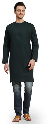SKAVIJ Kurta för män bomull vardaglig festlig lång skjorta normal passform, Grön, M