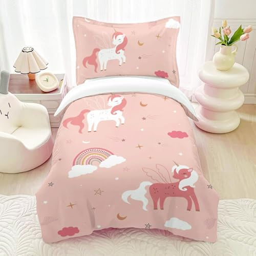 HOMHOMHA Licorne Enfant Housse De Couette Fille Parure De Lit 120x150 CM + 1 Taie d'oreiller 40x60cm Impression Motif Imprimé en 3D Couleur Rainbow Rose 100% Microfibre