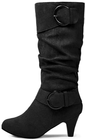 Dernolsea Knee High Boots Women, Faux Suede Stiletto Kitten Heel Side Zip Calf Length Slouch Boots Black Size 6.5