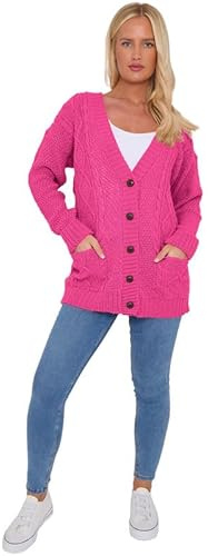 Fashion Flair Ladies Cardigan 5 Button V-Neck Long Sleeves Cable Knitted Chunky Grandad Cardigans Sweater Jumper Top for Women UK Plus Size Fuchsia