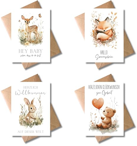WBdesignz 4er Set Glückwunschkarten zur Geburt mit Umschlägen – Süße Tiermotive für Jungs Mädchen – Babykarten – Neutrale Karten mit Waldtiere Reh Fuchs Hase Bär - Eltern (DIN A6)