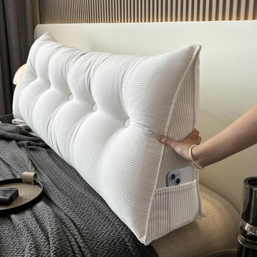Kopfende Rückenkissen 140/160 Großes Lang Lesekissen/Keilkissen für Bett und Sofa Rückenlehne Kissen Kopfteil Dreieckskissen Bequemes Wandkissen Waschbar Rückenstütze Rückenpolster(140X20X50cm,White)