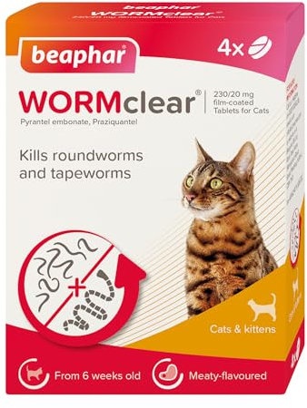 Beaphar - WORMclear® Tablets for Cats - 4 Tablet Pack - Kills All Common UK Intestinal Worms (Roundworms & Tapeworms) - Ideal for Multi-Cat Households - Vet Strength Treatment - Meaty-Flavoured