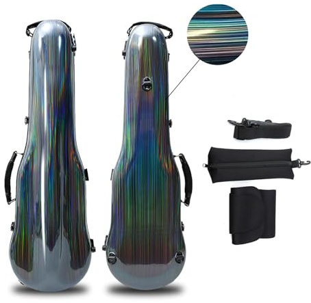 yinfente Carbon Fiber Violin Case 4/4 Full Size Hard Shell Triangle Violin Box Backstrap External Storage Bag,Hygrometer,Two Bow Holders (Colorfull Strip)