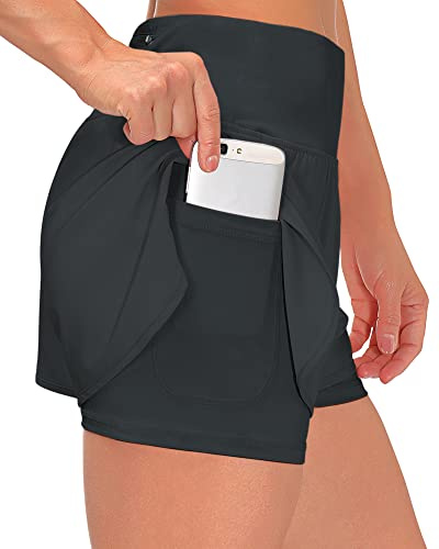 Shorts dam sommar korta byxor dam 2 i 1 löparshorts sport löpning shorts fitness sportbyxor yoga tennis jogging casual elastisk snabbtorkande, En mörkgrå, M