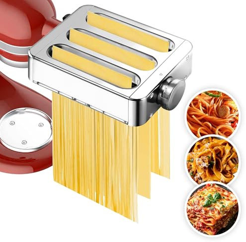 3-in-1 Metal Pasta Maker Attachment, Compatible with All KitchenAid Stand Mixers, Includes Pasta Roller, Fettuccine Cutter, and Spaghetti Cutter, Make Fresh Homemade Pasta with Ease