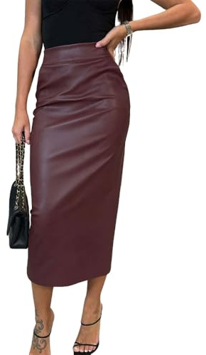 utcoco Womens Long Faux Leather Skirt Bodycon High Waist Slim Pencil Midi Skirt (X-Large, Wine Red)