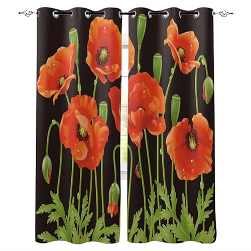 Rptidmv Vorhänge mit Ösen 2er Set Mohnblume Modern Blickdichte Vorhang Thermovorhang Kälteschutz Verdunklungsvorhänge für Wohnzimmer Schlafzimmer Kinderzimmer 140 x 175 cm (BxH)