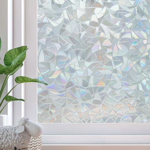 SUNDEF FILM Rainbow Window Privacy Film Decorative, Static Cling Stained Glass Windows Tint for Home, 3D Decals Window Clings for Glass, Suncatcher Windows Cover Stickers (White,35.4 x 78.7)