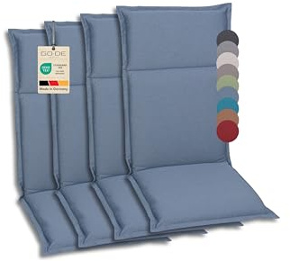 GO-DE Textil Bequeme und attraktive Polsterauflagen für Hochlehner-, Mittellehner- und Niederlehner-Gartenstühle (4er-Set, Uni Blau, Hochlehner)