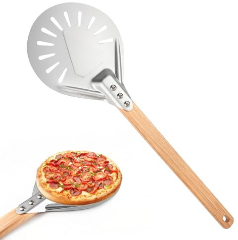 QOUBNIC Pelle a Pizza, 7 Pouces Ronde Pelle Pizza Perforée en Aluminium avec Longue Poignée en Bois Amovible pour la Cuisson de Pizzas, Pain