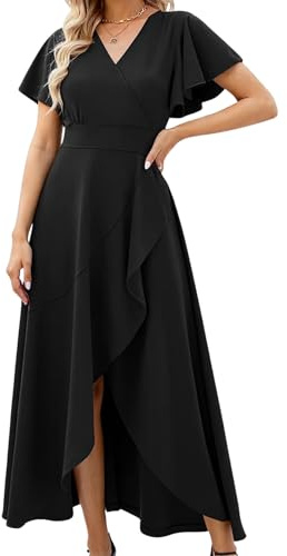 Misshow Robe Femme Chic et Elegant Soiree, Courte Longue Col V Taille Empire Manches Courtes Robe de Mariage Noir M