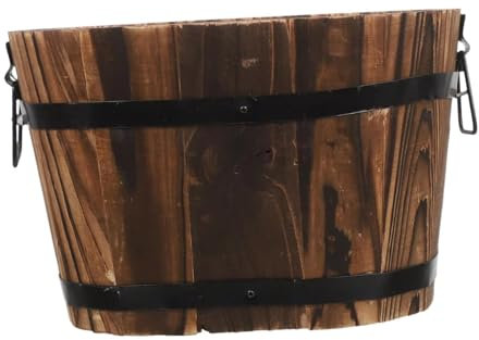HGZLQKD Wooden Barrel Planter with Drainage Hole, Burntwood with Two Handles & Black Barrel Rings, Rustic Burnt Wood Barrel Multipurpose Plant Container Rustic for Plants Shrubs Flowers, Size L